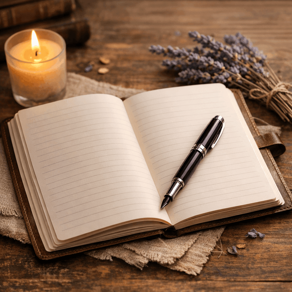 Author - A beautiful, open journal with a pen resting on the page, perhaps with a soft candle or a sprig of dried lavender nearby.
