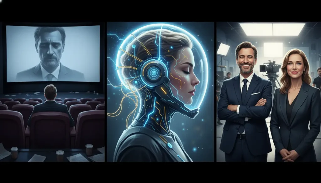 Create a triptych image. The first panel shows a dejected director gazing at a movie screen, where his own reflection stares back at him. The second panel depicts a woman receiving a brain upgrade, symbolized by digital circuits and wires connecting to her brain. The final panel shows the director and the woman from the previous panels, now looking joyful and self-assured.