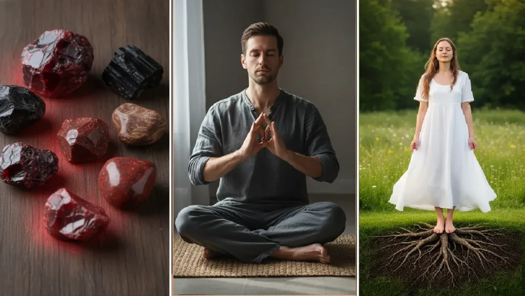 The first panel features a collection of crystals associated with the root chakra for grounding. The second panel showcases a man practicing holding his thumbs and middle fingers together to form an "O". The final panel displays a serene woman standing barefoot on grass, her eyes closed and with the bottom of her feet extending deep roots into the earth, intertwining with the earth's crystal grid.