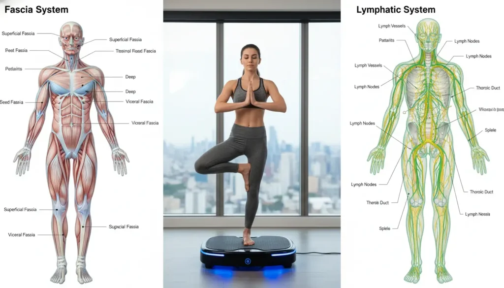 Picture is of 3 sections 1. Fascia 2. Lymphatic Systems 3. vibrational plate. Movement of the body