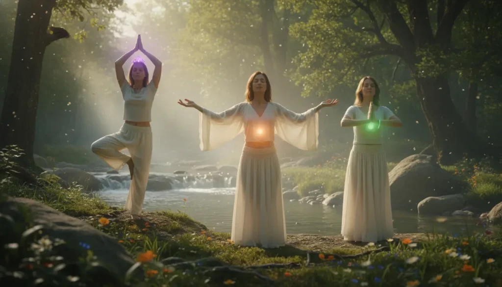 A picture showing three ladies in nature near a lake doing chakra dancing movement