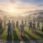 A group of people doing movement exercise for healing