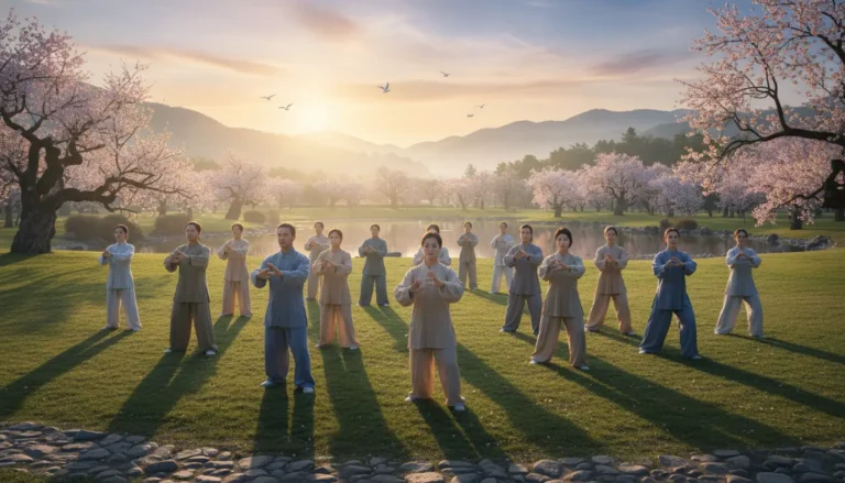 A group of people doing movement exercise for healing