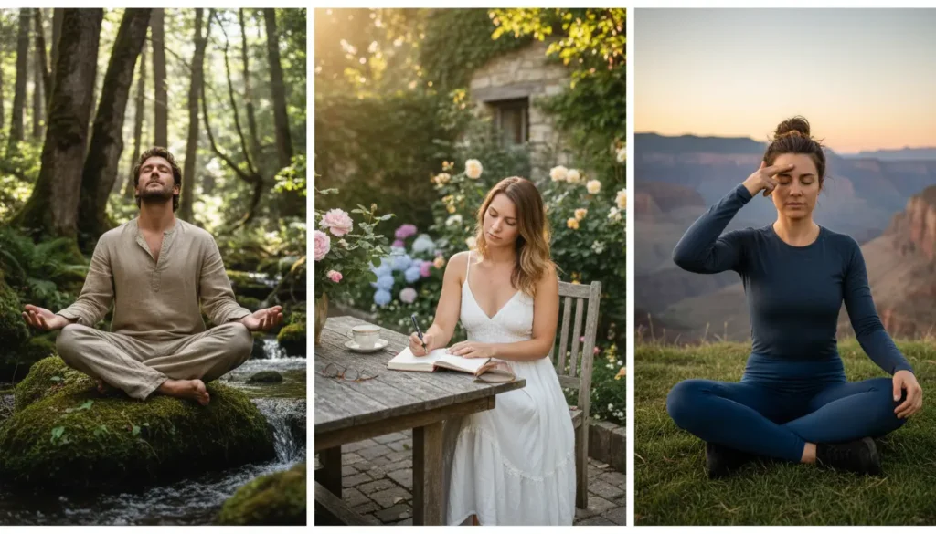 An image split into three parts. The first part features a man in a natural setting engaged in breathwork. The second part depicts a woman in a garden environment writing in her journal. The third part shows a woman sitting cross-legged in nature, eyes shut, with her fingers tapping on her head.