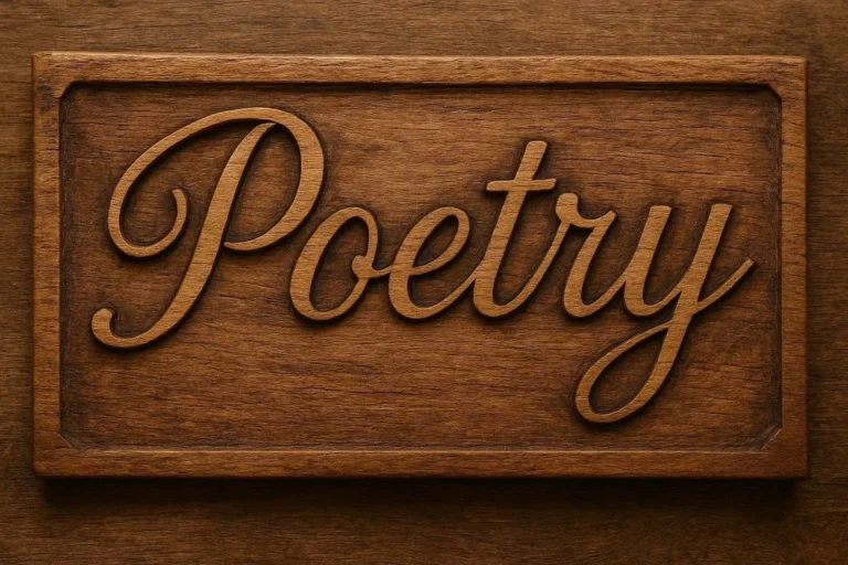 A beautifully crafted wooden plaque with the word "Poetry" elegantly carved into it.