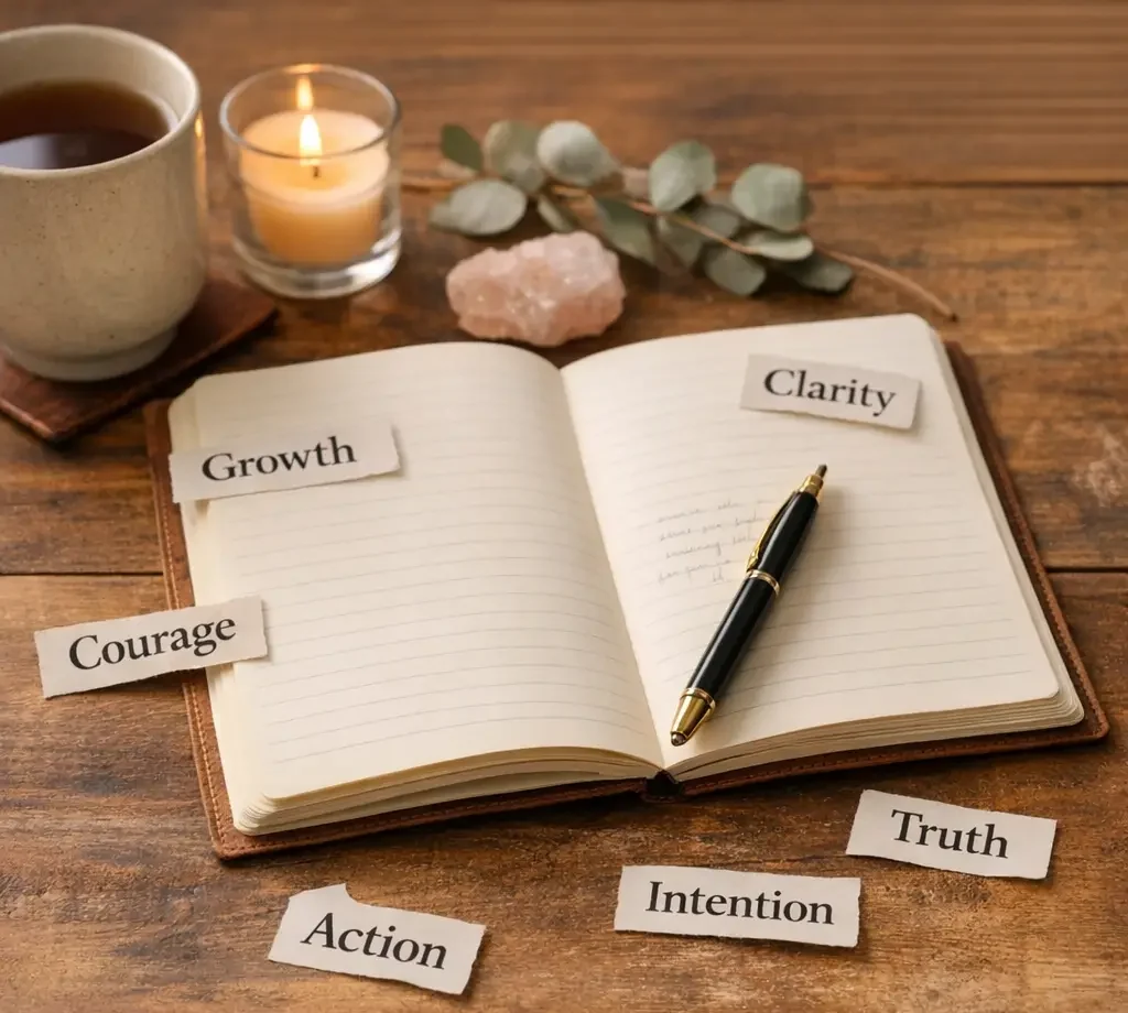 A warm, wooden desk with an open journal surrounded by cut‑out words — Growth, Courage, Clarity, Truth, Action, and Intention — symbolising empowerment and mindful goal‑setting. These are all the things that we need to achieve our SMART Goals