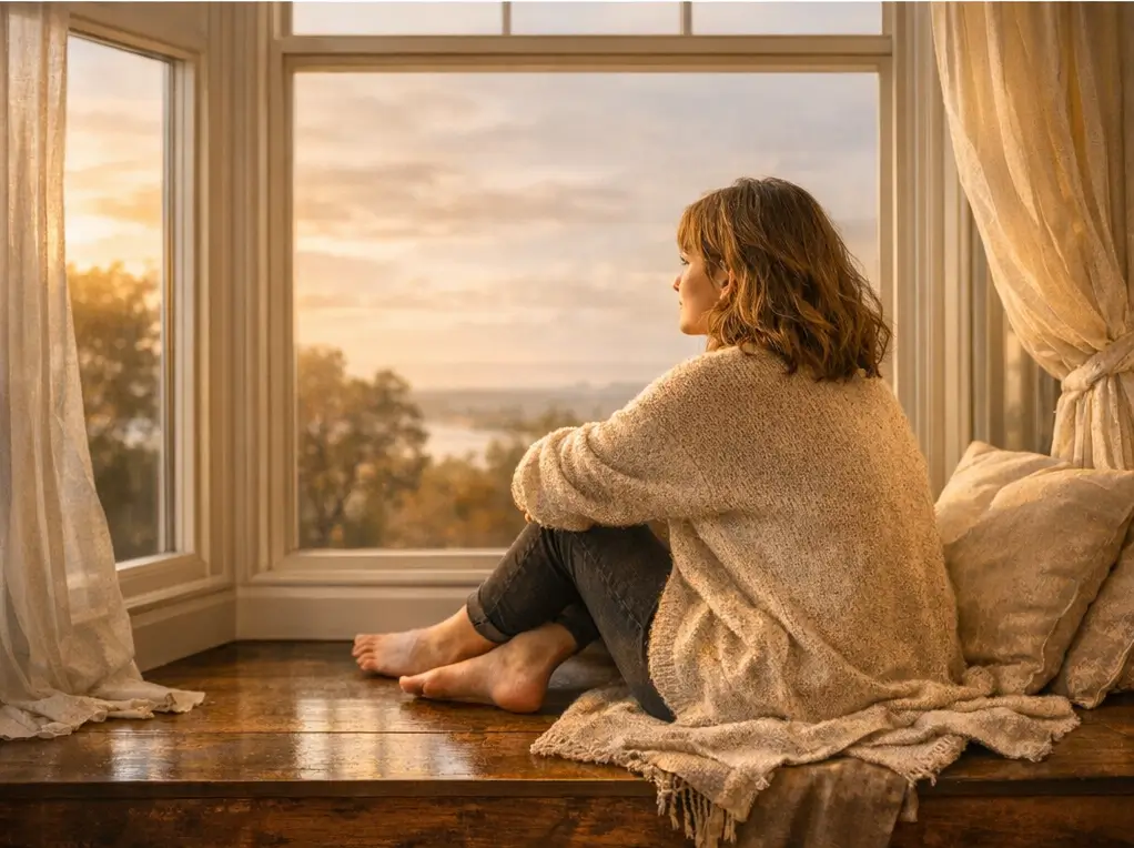 A woman sits in quiet reflection — large bay window bathed in warm light — symbolising self‑awareness and emotional clarity. #SMART GOALS