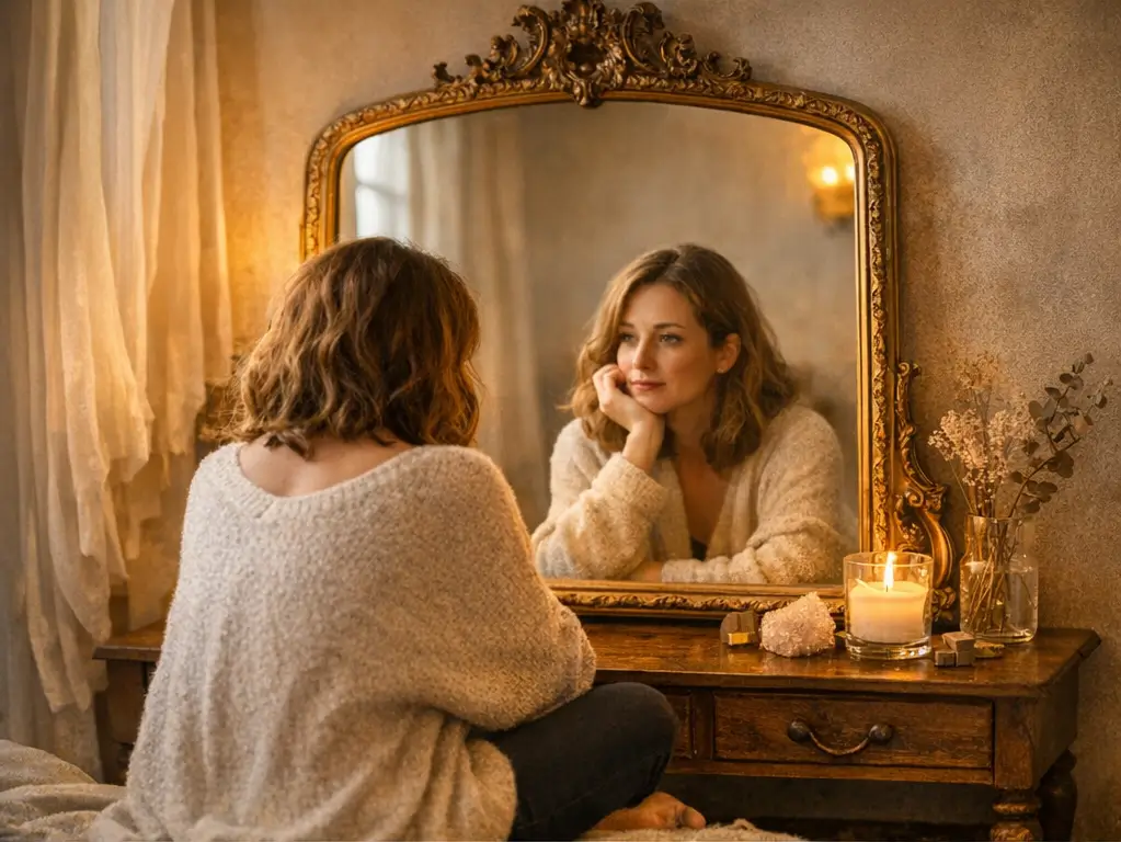 A woman sits in quiet reflection — one scene before a grand vintage mirror, bathed in warm light — symbolising self‑awareness and emotional clarity.