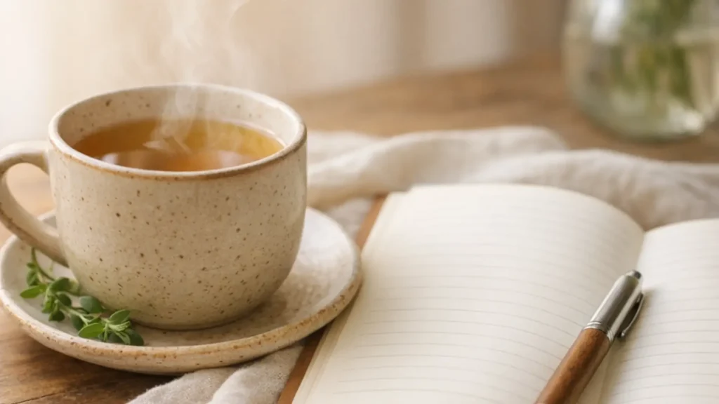 Herbal tea on a saucer next to an open journal and pen in soft natural light.