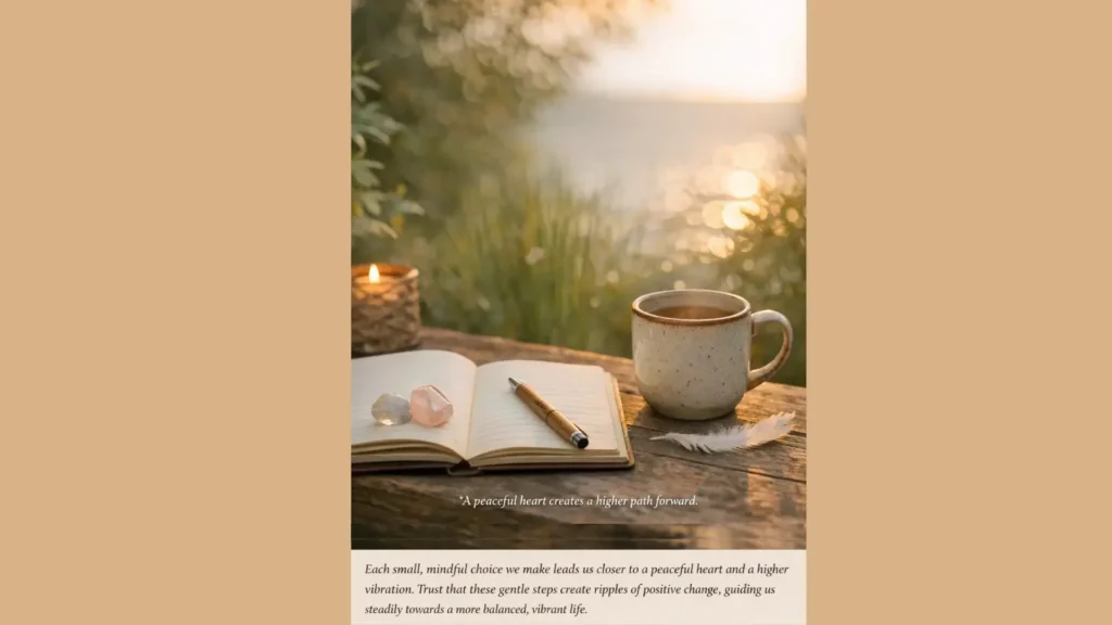 Open journal with crystals, pen, and a cup of tea on a wooden surface at sunset, with candlelight and soft water reflections in the background.