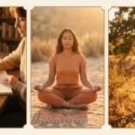 Emotional Awareness: 5 Simple Practices for Better Awareness Emotional Awareness: A warm, golden-toned three-panel graphic showing a woman practicing mindfulness through journaling, desert meditation, and nature walking.