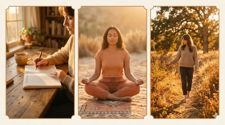 Emotional Awareness: A warm, golden-toned three-panel graphic showing a woman practicing mindfulness through journaling, desert meditation, and nature walking.