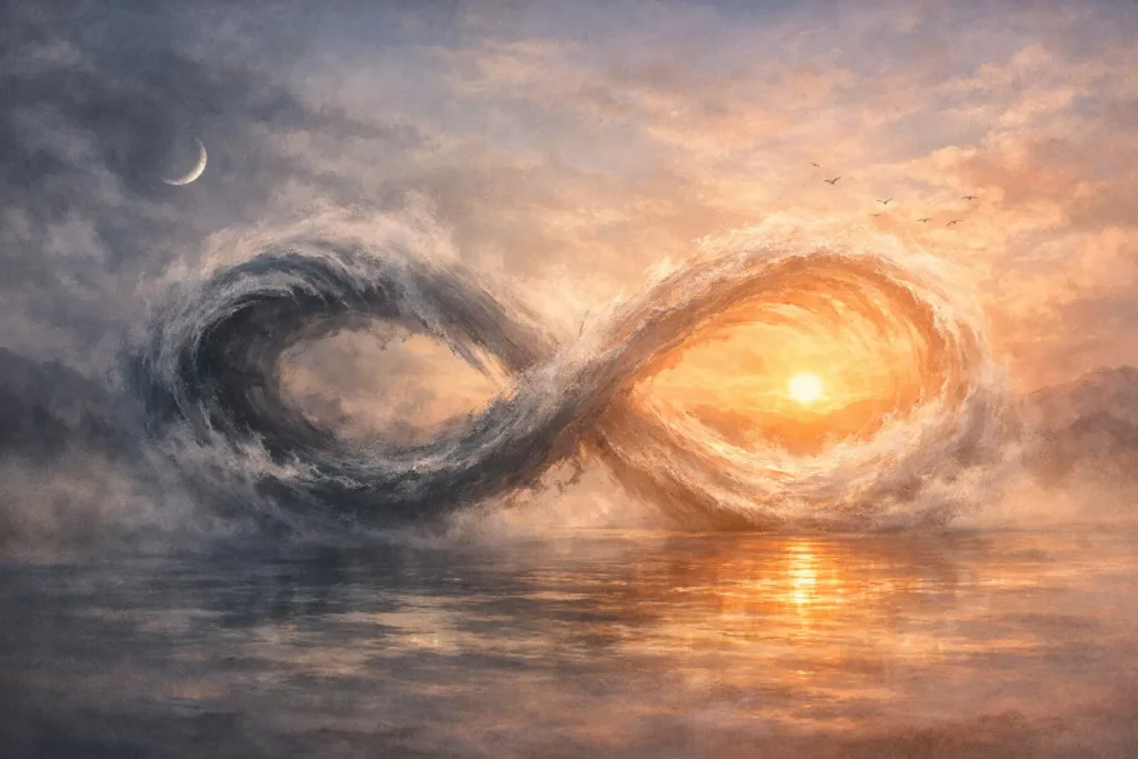 An infinity symbol formed by intertwining waves under a misty sunrise sky. One side is dark and stormy, the other calm and golden, symbolising trauma’s endless cycle and the transition toward healing.