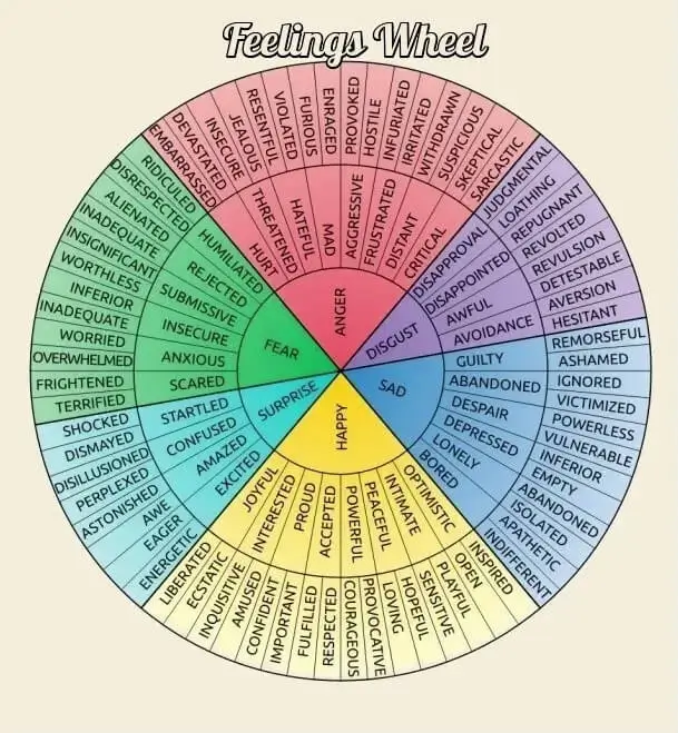 A simple three‑ring Emotional Awareness Wheel on a soft cream background showing six core emotions—Calm, Sad, Angry, Afraid, Joyful, and Disconnected—with outer layers describing related feelings and supportive needs.
