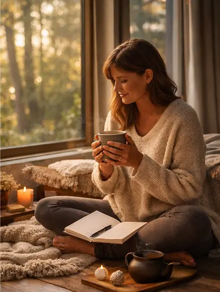 A woman sits cross‑legged near a sunlit window, holding a warm mug and journalling beside candles and crystals, creating a calm space for mindfulness and emotional healing.