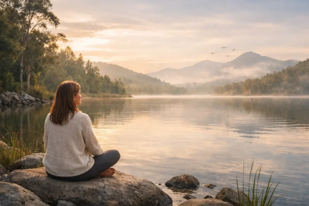 A woman sits quietly on a rock beside a misty lake at sunrise, surrounded by eucalyptus trees and distant mountains, practising mindfulness in nature.