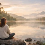 A woman sits quietly on a rock beside a misty lake at sunrise, surrounded by eucalyptus trees and distant mountains, practising mindfulness in nature.