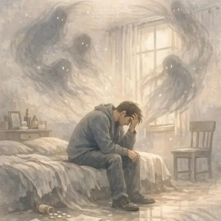 Shadows of Worthlessness is represented by A soft, symbolic illustration of a person sitting on the edge of a bed in a dim, quiet room, surrounded by gentle shadowy shapes that represent emotional heaviness and self‑doubt.