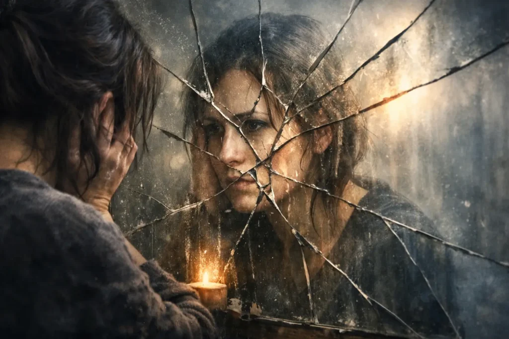 Trauma - A woman gazes into a cracked mirror, her reflection fragmented by broken glass. Soft light shines through the fractures, symbolising emotional pain, self‑reflection, and the beginning of healing.