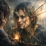 Trauma - A woman gazes into a cracked mirror, her reflection fragmented by broken glass. Soft light shines through the fractures, symbolising emotional pain, self‑reflection, and the beginning of healing.