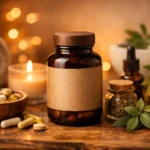 What’s In Your Vitamins? The Raw Truth About Quality! Vitamins - There is a amber vitamin bottle with blank label on a wooden surface surrounded by capsules, herbs, and a softly glowing candle with many other vitamins surrounding the bottle.