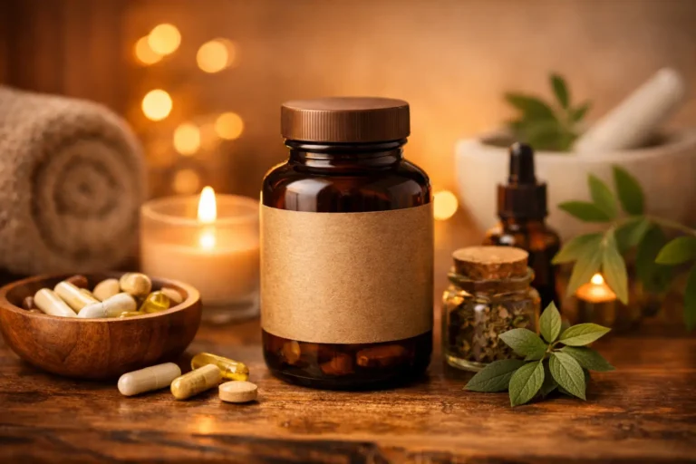 Amber vitamin bottle with blank label on a wooden surface surrounded by capsules, herbs, and a softly glowing candle.